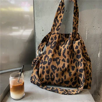 910251 ins rudenį ir žiemą, leopardas spausdinimui prašmatnus korėjos viko aksomo vieno peties drobės krepšys, pirkinių krepšys moterų krepšys