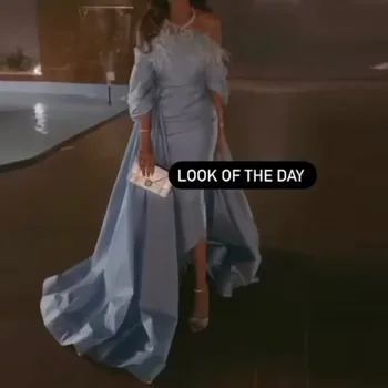 Dangaus Mėlyna Plunksna Nuo Peties Vakare Chalatai Saudo Arabija Aukštas Žemas Prom Dresses Satino Chalatas De Soiree Šalis Suknelė 2021
