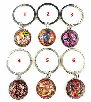 Jiangzimei 24pcs/daug (Mišrus 12 stilių)Nacionalinės Stiliaus Mandala Bandana Paisley raktų žiedas ,Religijos, Zen Stiklo Dia 20MM Key chain