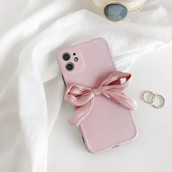 Korėjos Pink Ribbon Telefoną Atveju iPhone12 Mini Pro 11 XS MAX 78plus SE2020 dtd Minkštas Atgal Odos Apvalkalas Kūno Apsauga
