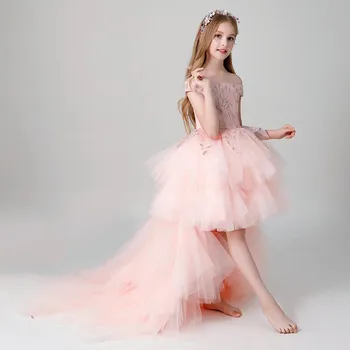 Mergaičių Paauglių Rožinės Spalvos Shoulderless Gimtadienio Promenadzie Suknelė Modelis Vaikščioti Rodyti Princesė Uodega Vestuvių Suknelė Fortepijono Atlikimo Suknelė