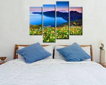 Modulinė paveikslų ant sienos HD Spausdinamas 4 gabalo Drobės Kraštovaizdžio Ežero ir Gėlių Tapybos Kambario Dekoro Plakatų ir grafikos Meno