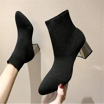 Moterų seksualių aukštakulnių kojinės batai Rudens-žiemos mados Megzti Ruožas batai Moterims, Juoda Kulkšnies Kojinių Batai 34-43