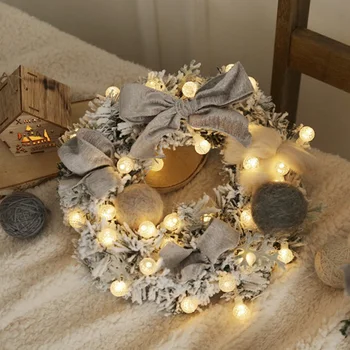 Naujas Kalėdų Vainikas Su LED Styginių Šviesos Bowknot Pliušinis Rutuliai Puošia Girliandą Priekinių Durų Lango Sienos Kabo Dekoro