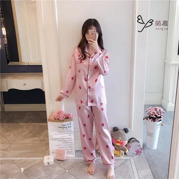 Naujas pyjama moterų ledo šilko nustatyti ilgomis rankovėmis megztinis pižama dviejų dalių komplektas šilko korėjos namuose drabužiai moteris pijama