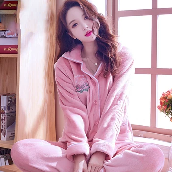 Pajama Komplektai Moterų Žiemos Flanelė Homewear Laiškas Viena Breasted Mielos Merginos, Saldus, Šiltas Korėjos Stiliaus Studentų Naujas Sleepwear Ins