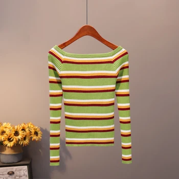 Pavasarį, rudenį naujas megztinis kontrasto spalvų dryžuotas megztiniai aukšto juosmens trumpą dalį gobtuvu žodis apykaklės slim laukinių megztinis D222