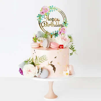 Spalvinga gėlių spausdinti stiliaus laimingas gimtadienio tortas topper veidrodis aukso akrilo tortas toppers tortas dekoravimo šalies prekių