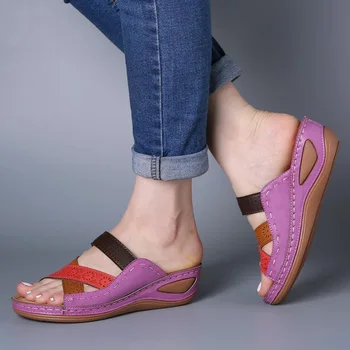 Vasarą Moterys Šlepetės Gladiatorių Gėlių Batai Pleištai Platforma Fifo Paplūdimio Mulų Ponios Skaidres Šalies Sandalai Zapatos De Mujer