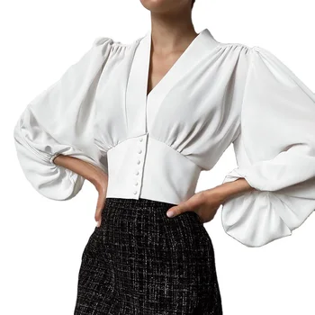 Vintage Drabužiai, Marškinėliai Moterims Žibintų Rankovėmis V-Kaklo Moterų Marškiniai 2020 m. Rudenį Naujų Teismas Stiliaus Temperamentas Slim ilgomis Rankovėmis Marškinėliai
