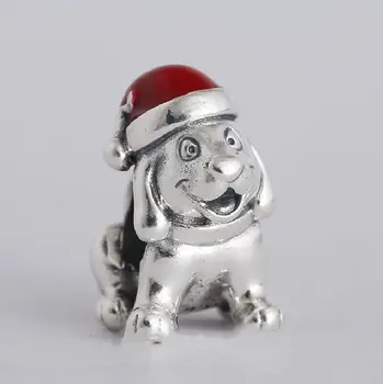 Žiemos Nauja Raudona Emalį Kalėdų Šuniukas Šuo Karoliukai 925 Sterlingas Sidabro Gyvūnų Žavesio Telpa Prekės apyrankės 