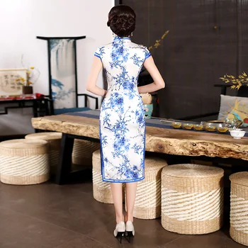 2019 Naujovė Kelio Ilgis Cheongsam Kinų stiliaus Mandarinų Apykaklės Suknelė Moteriški Vasaros Viskozė Qipao Slim Šalis Suknelės Vestido