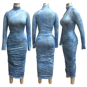 2020 m. Rudenį Moterys Seniai Maxi Suknelė tie dažai Spausdinti Šalis Naktinis Klubas Elegantiškas Street Gatvės Drabužiai Tvarstis Suknelės Vestidos