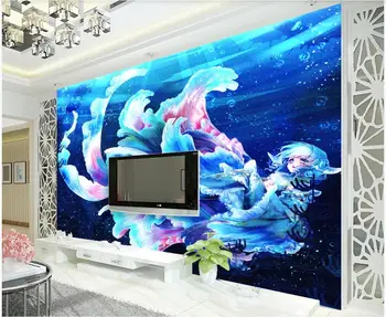Custom freska ant sienos 3d tapetai, Cartoon fantazijos gėlių undinė fone namų dekoro foto tapetai už kambarį