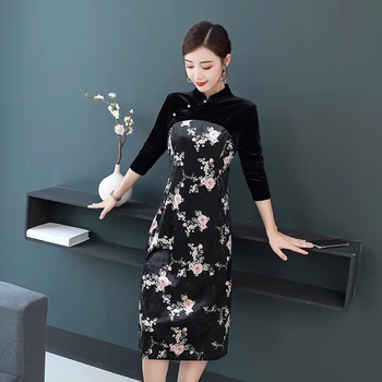 Didelis dydis M-XXXL vrouwen jurk 2019 m. Rudens ir žiemos Kinų stiliaus cheongsam gėlių aksomo suknelė high-end