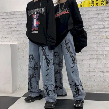 Džinsai Vyrams, moterims džinsinio audinio kelnės ranka-dažytos grafiti džinsai retro nauja mergina, hip-hop plataus kojų negabaritinių rudens žiemos streetwear