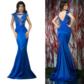 Glourious Bžūp Rankovėmis Undinė Iliuzija Sexy Nėrinių Royal Blue Ilgą Vakarinę Suknelę Satino Oficialų Suknelė