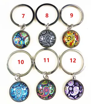 Jiangzimei 24pcs/daug (Mišrus 12 stilių)Nacionalinės Stiliaus Mandala Bandana Paisley raktų žiedas ,Religijos, Zen Stiklo Dia 20MM Key chain