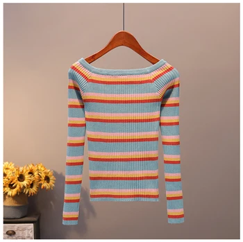 Pavasarį, rudenį naujas megztinis kontrasto spalvų dryžuotas megztiniai aukšto juosmens trumpą dalį gobtuvu žodis apykaklės slim laukinių megztinis D222