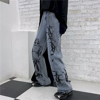 Džinsai Vyrams, moterims džinsinio audinio kelnės ranka-dažytos grafiti džinsai retro nauja mergina, hip-hop plataus kojų negabaritinių rudens žiemos streetwear