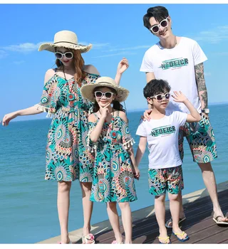 šeimos derinti drabužius vasarą Off-the-pečių suknelė trumpomis rankovėmis marškinėliai+Šortai nustatyti atostogų paplūdimio drabužiai vaikams vasarai